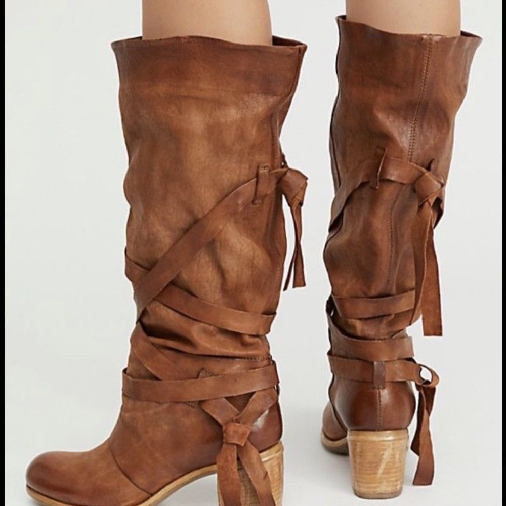 AS 98  Leather Wrap Tie Pull On Tall Heel Boots 39 - Picture 2 of 8